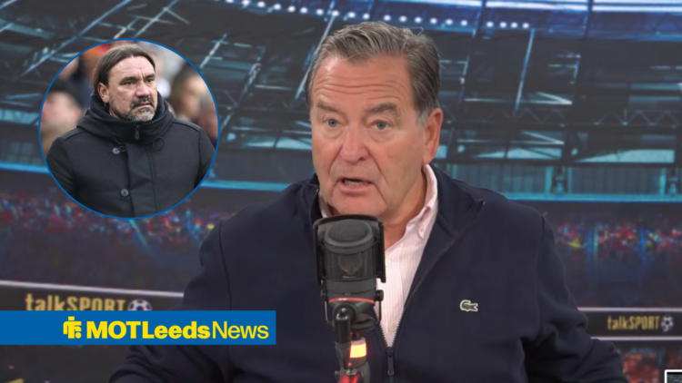 Jeff Stelling looking concerned, Leeds boss Daniel Farke in inlet.
