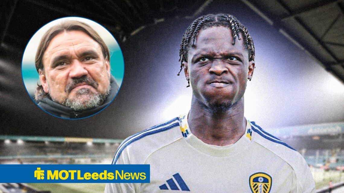 Strasbourg winger Dilane Bakwa in Leeds United kit and Daniel Farke in circular inset