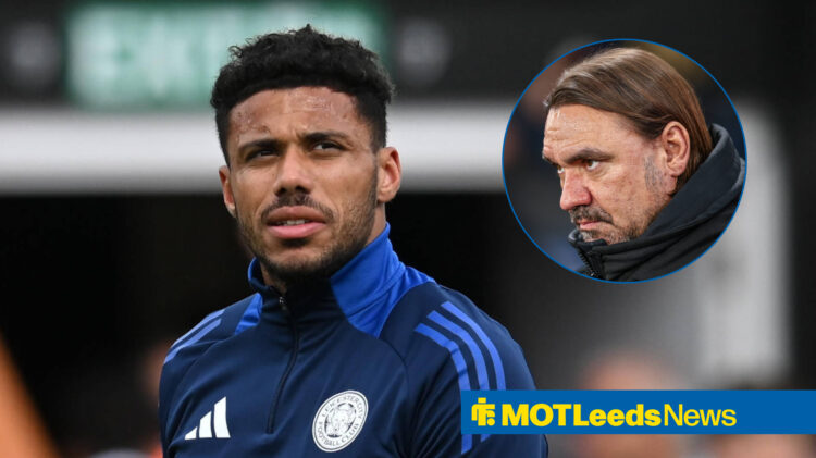 Leeds United manager Daniel Farke in circular inset and Leicester City defender James Justin