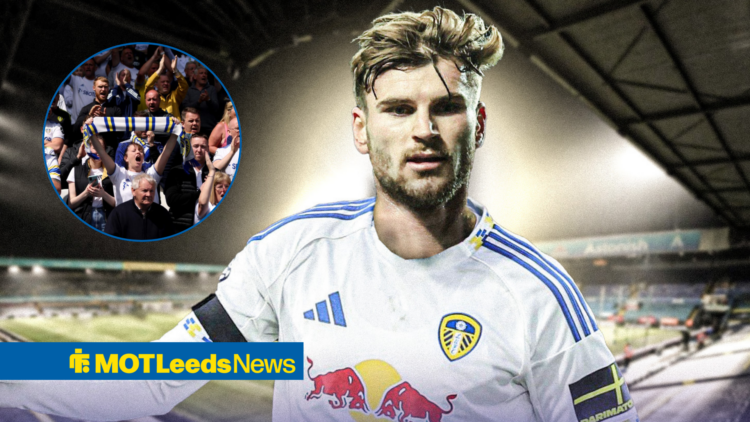 Timo Werner in a Leeds shirt, Elland Road fans in inlet.