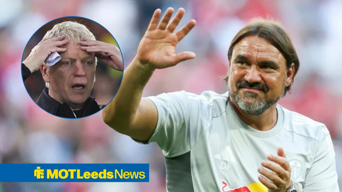 Leeds United manager Daniel Farke smiling and waving at Everton manager David Moyes in a circle