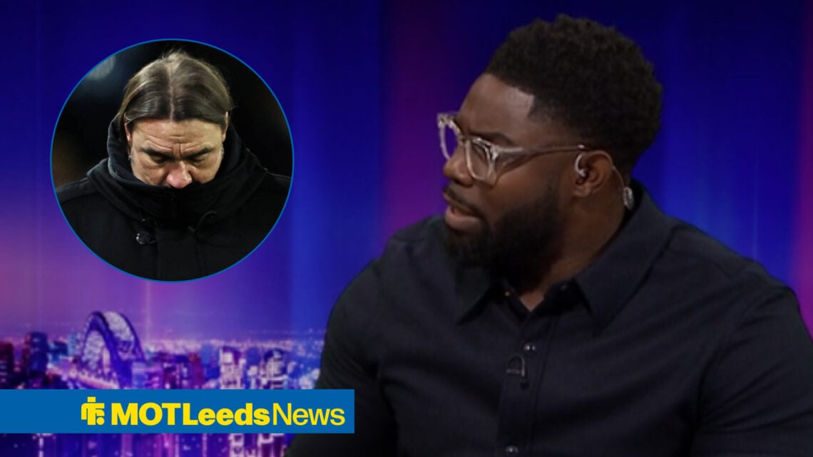 Micah Richards looking interested towards a disappointed Daniel Farke in a circle frame