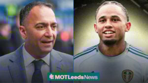 Leeds United chairman Paraag Marathe and Noah Okafor smiling
