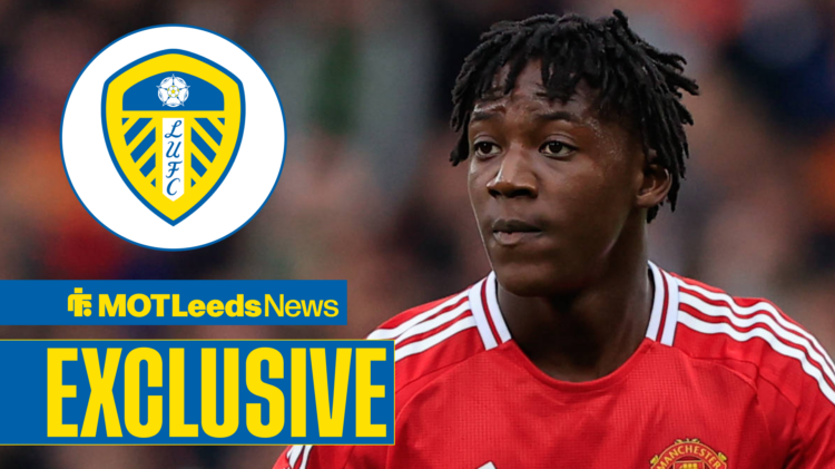 Kobbie Mainoo playing for Man United with Leeds badge in circular frame
