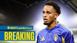 Noah Okafor wearing Leeds United away kit.