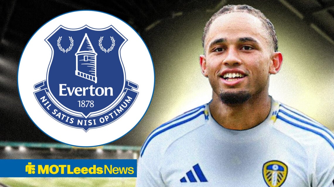 Noah Okafor in a Leeds United shirt, with Everton badge in insert