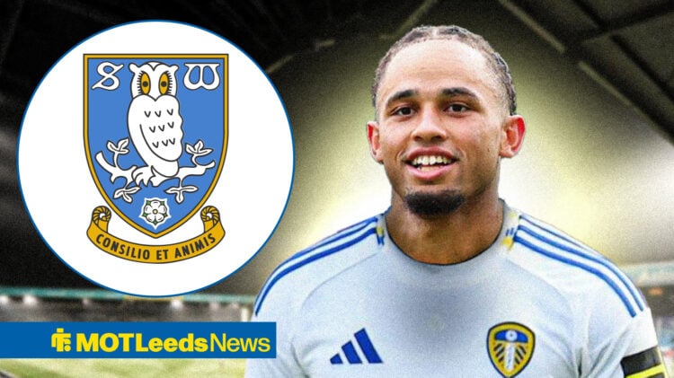 Noah Okafor in a Leeds shirt and a Sheffield Wednesday badge.