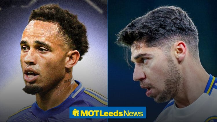 Noah Okafor in a Leeds shirt next to Manor Solomon in action for Leeds United.
