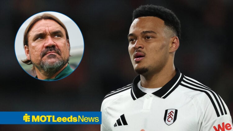 Rodrigo Muniz in action for Fulham next to Leeds United manager Daniel Farke in a circular inset.