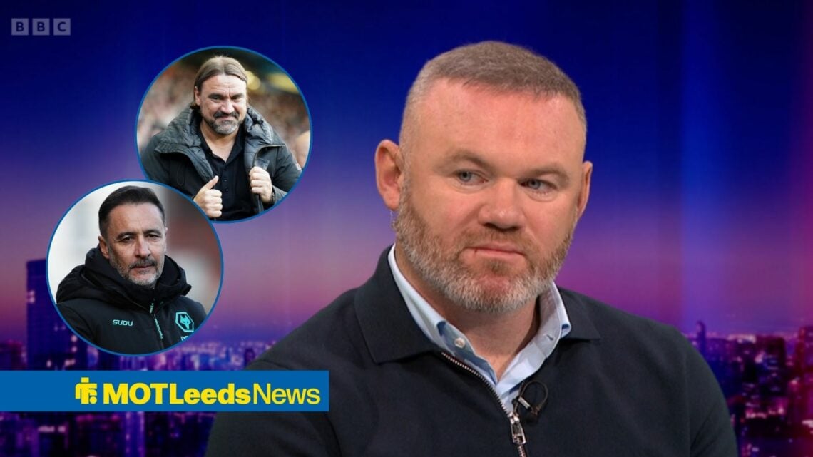 Wayne Rooney on Match of the Day. In small circles are Leeds manager Daniel Farke and Wolves manager Vitor Pereira.