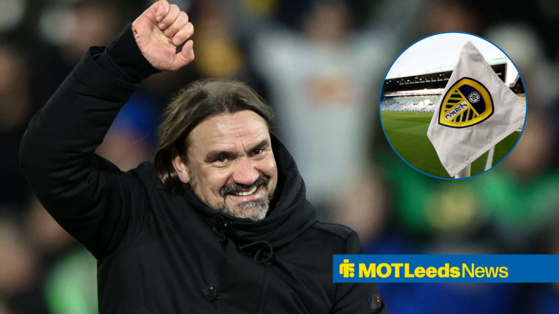 Daniel Farke with his arm raised alongside a circle inset of the Leeds corner flag