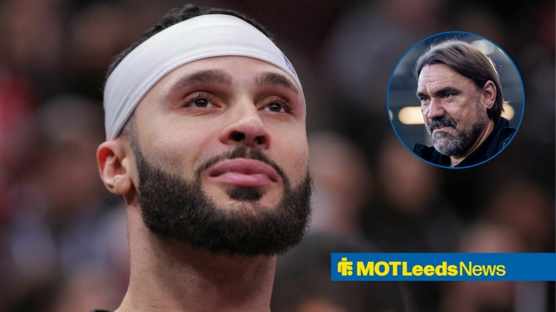 Leeds United minority investor Larry Nance Jr, Daniel Farke in a circular insert looks at him.