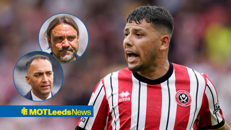 Gus Hamer in action for Sheffield United, Leeds manager Daniel Farke in a circular inset, Leeds chairman Paraag Marathe in a circular inset