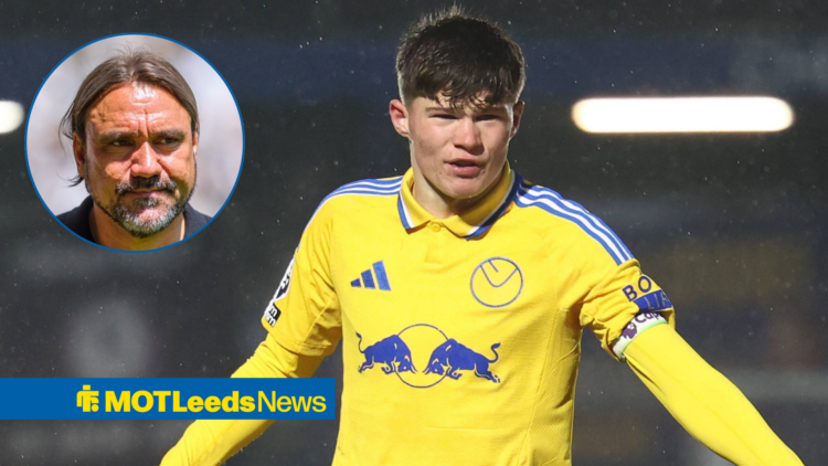 Leeds manager Daniel Farke in a circular inset, Alfie Cresswell in action for Leeds