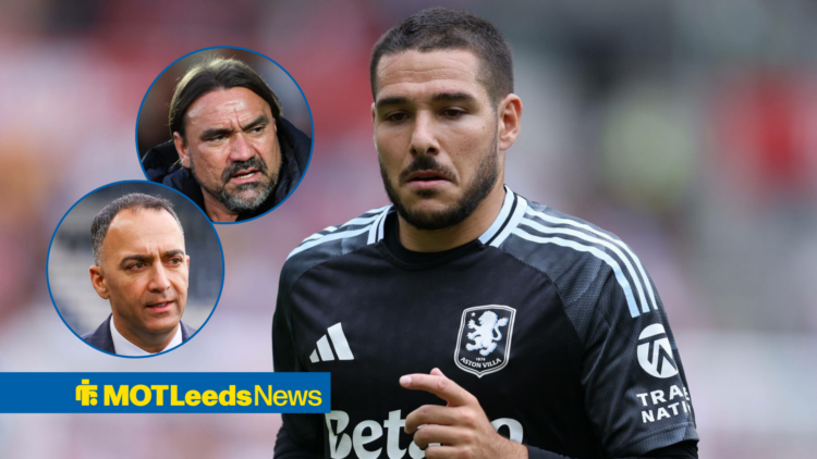 Emi Buendia in action for Aston Villa, Leeds manager Daniel Farke in a circular inset, Leeds chairman Paraag Marathe in a circular inset