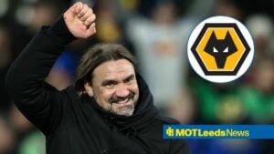 Leeds United manager Daniel Farke celebrates, Wolves badge in a circular insert.