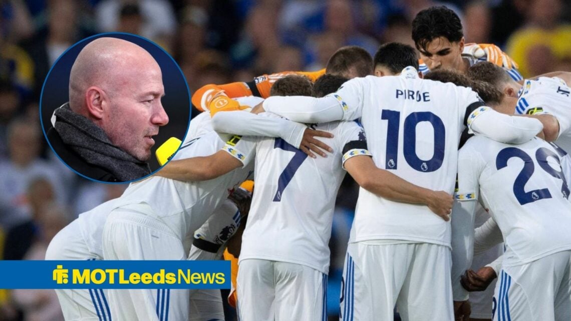 Alan Shearer in frame with Leeds players in a huddle