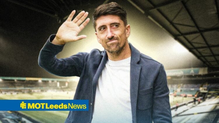 Leeds hero Pablo Hernandez waves to fans with Elland Road in the background.