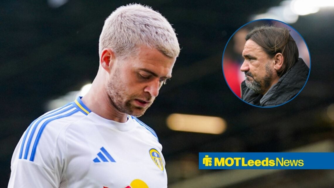 Patrick Bamford looking down with Daniel Farke in frame