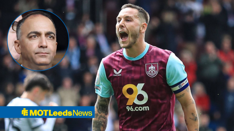 Leeds chairman Paraag Marathe in a circular inset, Josh Brownhill in action for Burnley.