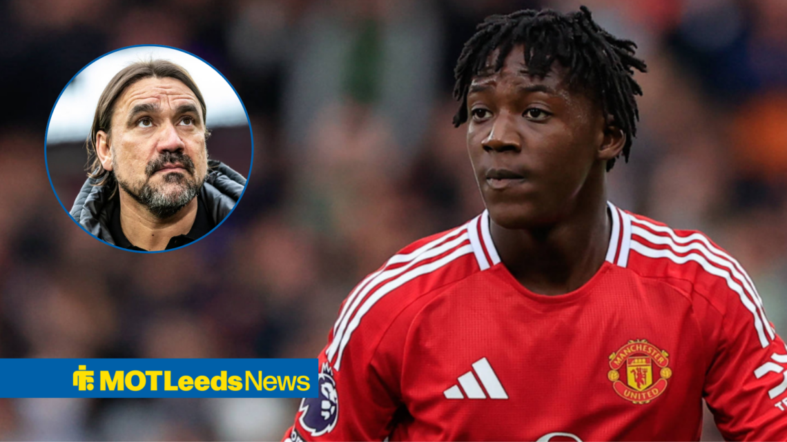 Kobbie Mainoo in Man United kit with Daniel Farke in circular frame