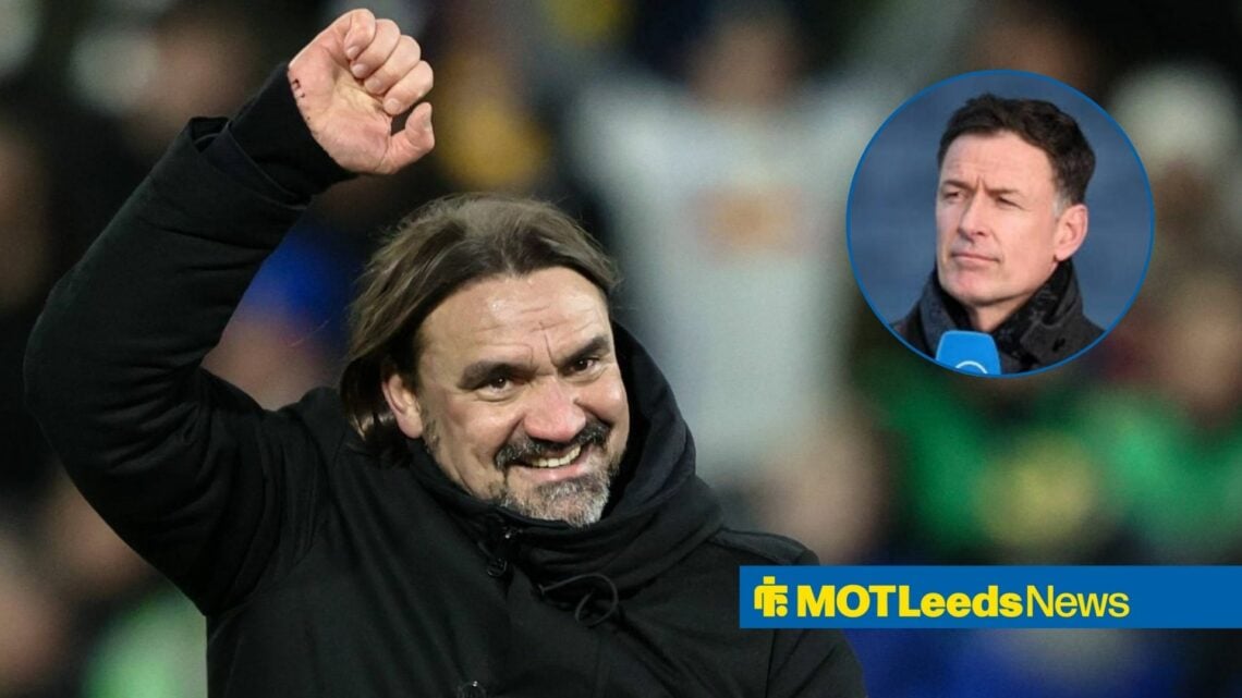 Leeds United manager Daniel Farke celebrating, Chris Sutton in a circular insert.