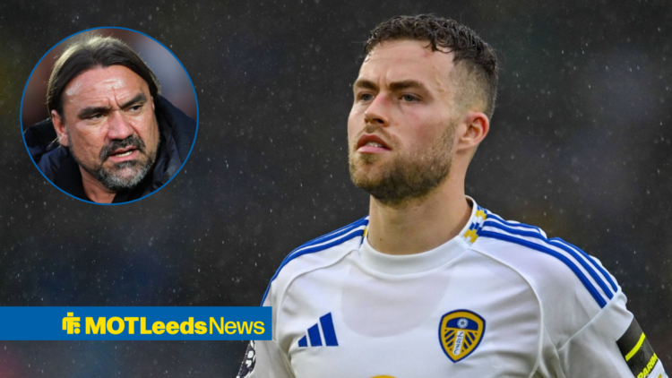 Daniel Farke in a circular insert, Gabriel Gudmundsson in action for Leeds United.