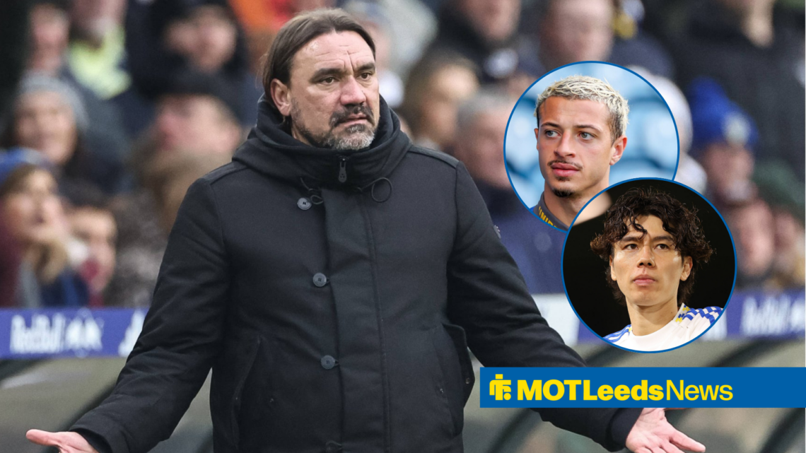 Leeds United manager Daniel Farke, Ethan Ampadu in a circular inset, Ao Tanaka in a circular insert