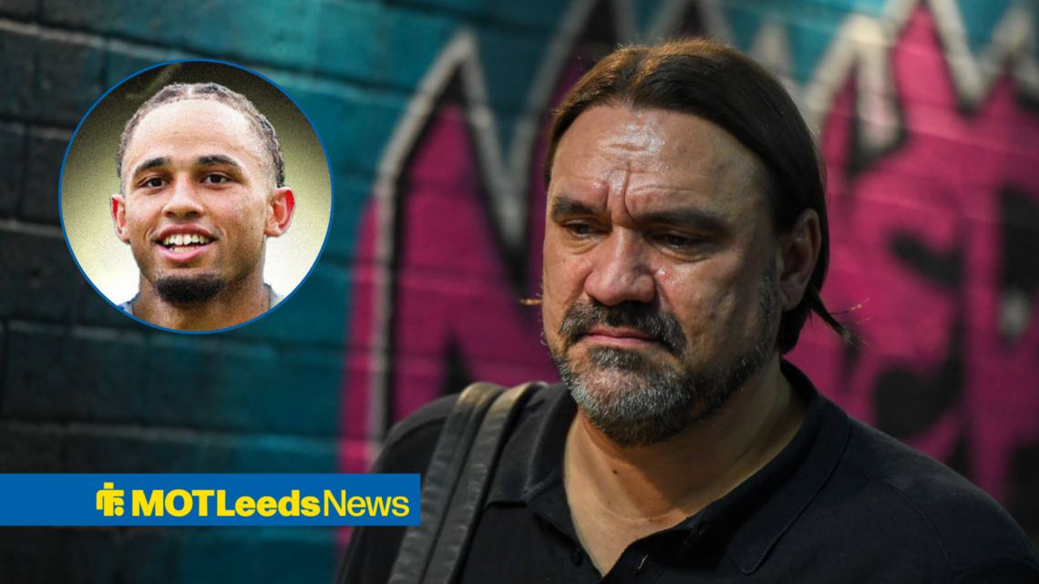 Leeds United manager Daniel Farke, Noah Okafor in a circular insert.