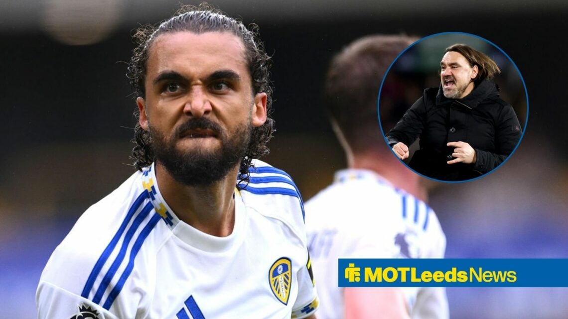 Dominic Calvert-Lewin celebrating for Leeds with Daniel Farke in frame