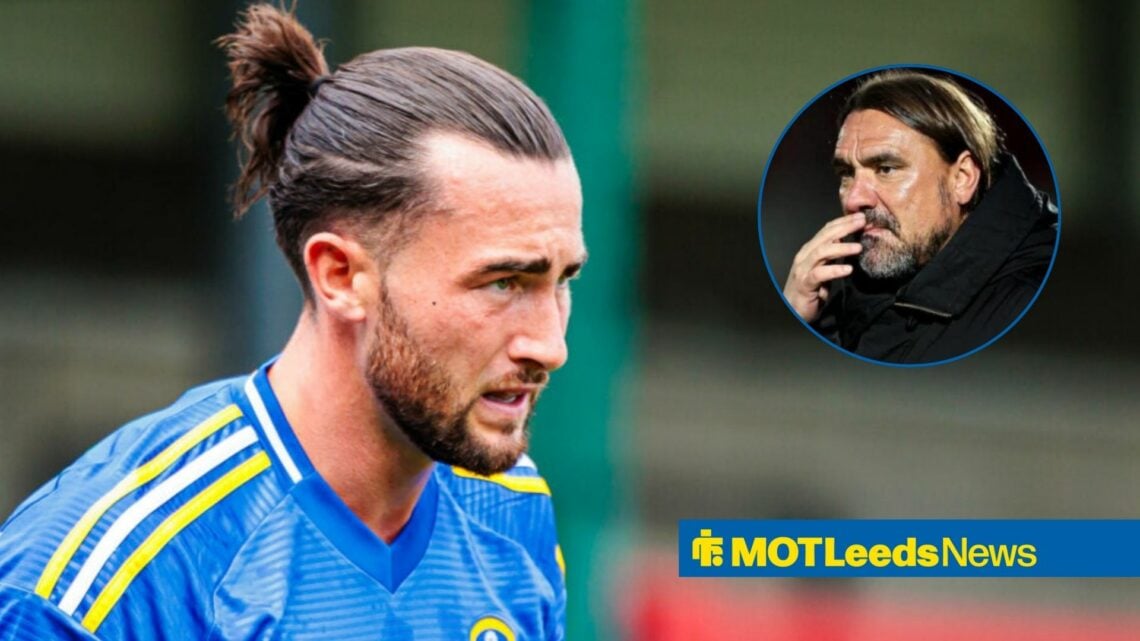 Jack Harrison in Leeds away kit with Daniel Farke in frame