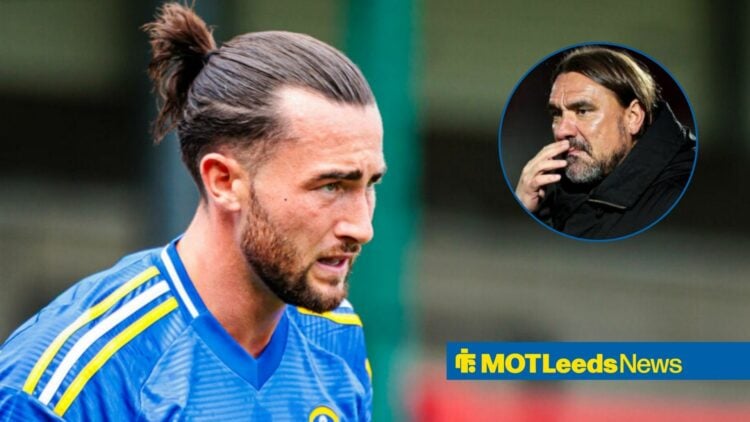 Jack Harrison in Leeds away kit with Daniel Farke in frame