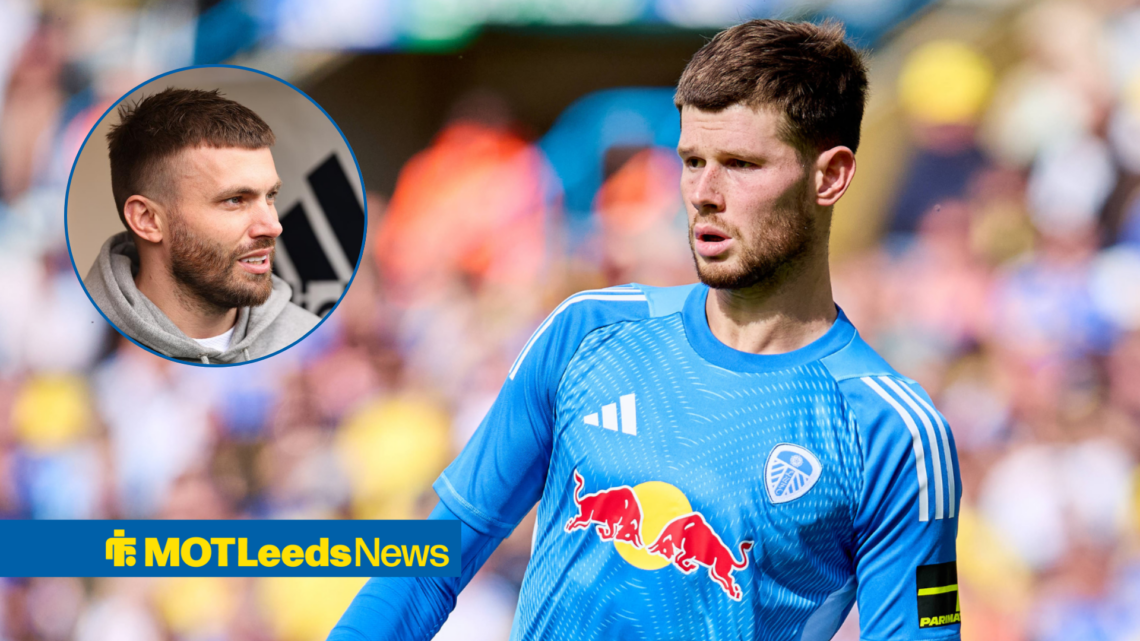 Illan Meslier playing for Leeds with Stuart Dallas in a frame