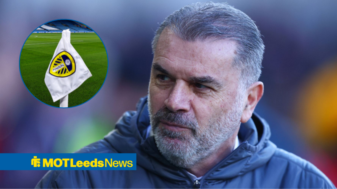 Ange Postecoglou with Elland Road in circular frame