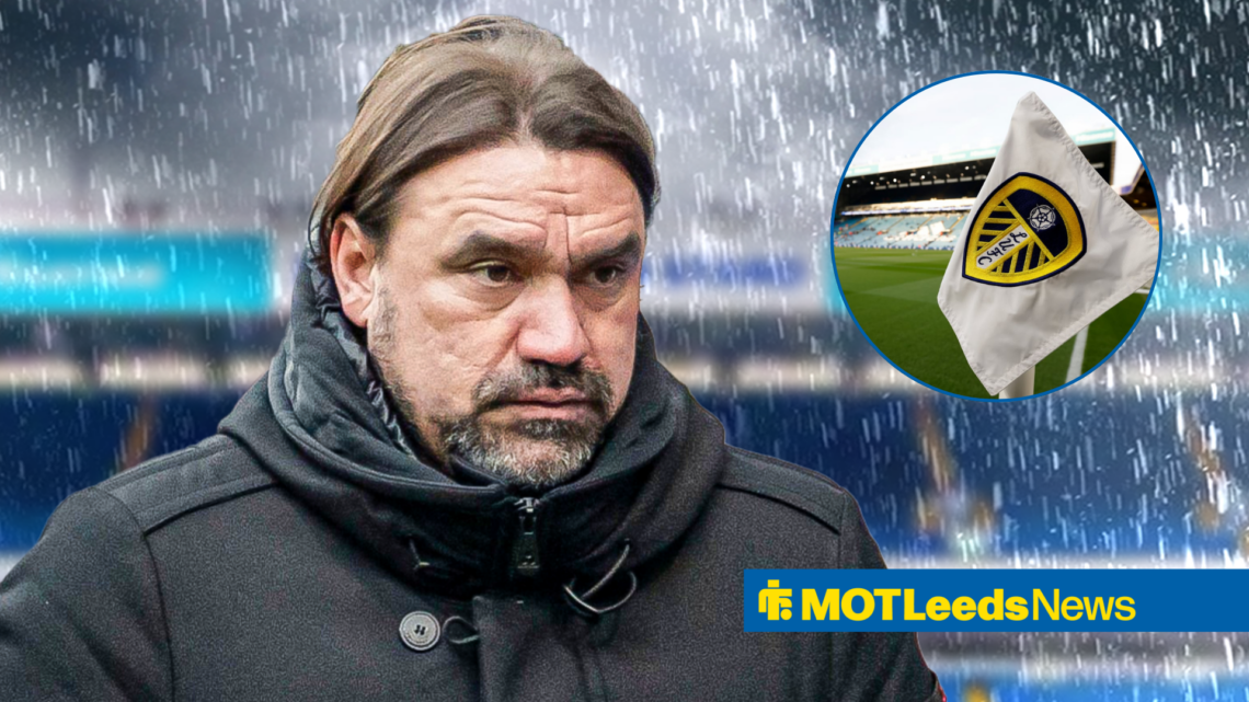 Daniel Farke looking sad with Leeds logo on flag at Elland Road