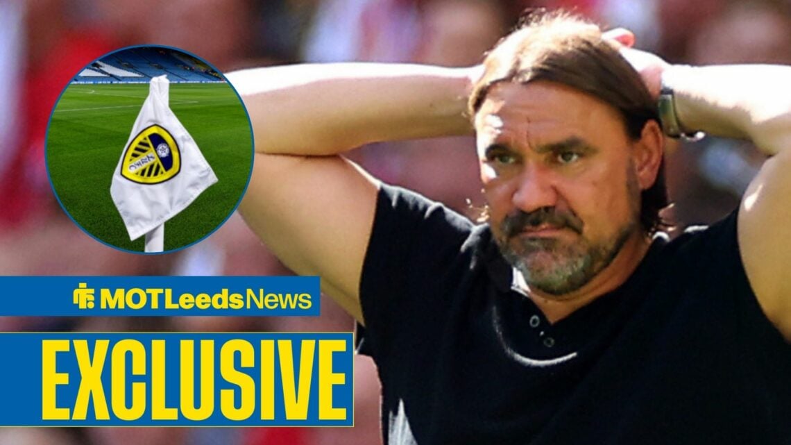 Daniel Farke with his hands on his head and Elland Road in frame