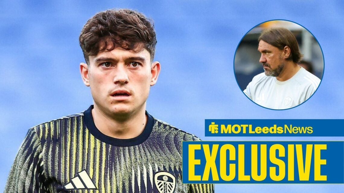 Dan James looking concerned with Daniel Farke in frame
