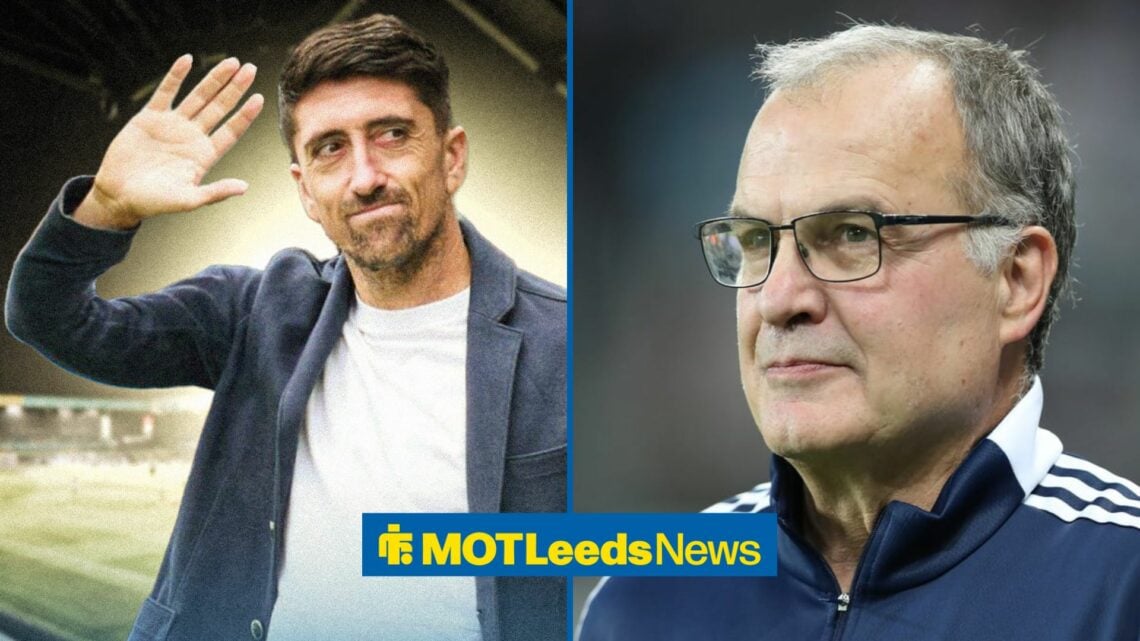 Pablo Hernandez waving with Elland Road in the background, former Leeds manager Marcelo Bielsa smiles.