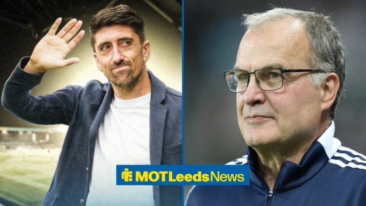Pablo Hernandez waving with Elland Road in the background, former Leeds manager Marcelo Bielsa smiles.