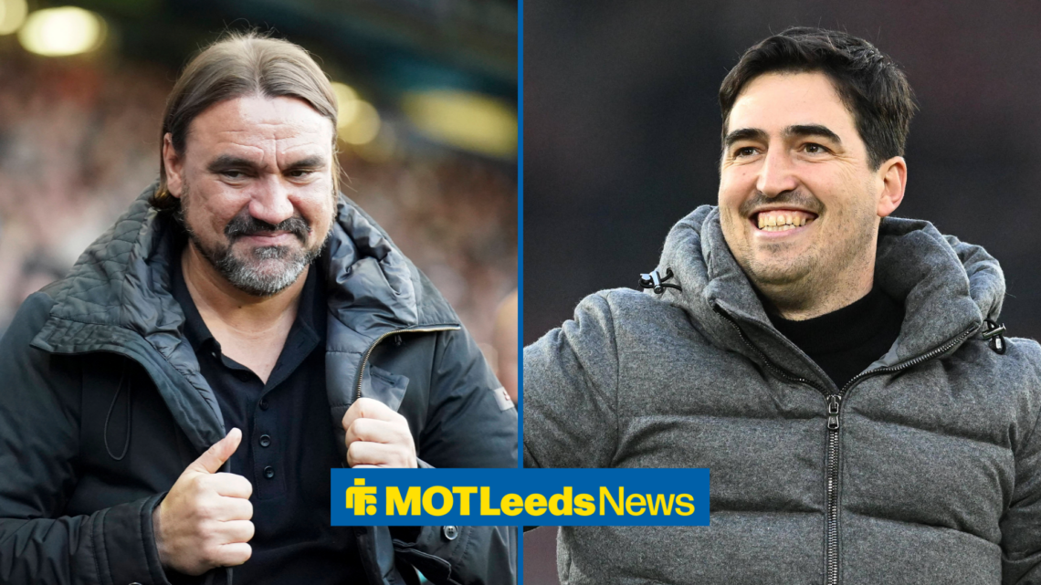 Leeds manager Daniel Farke to the left, and Bournemouth manager Andoni Iraola, both smiling.