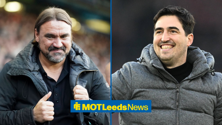 Leeds manager Daniel Farke to the left, and Bournemouth manager Andoni Iraola, both smiling.