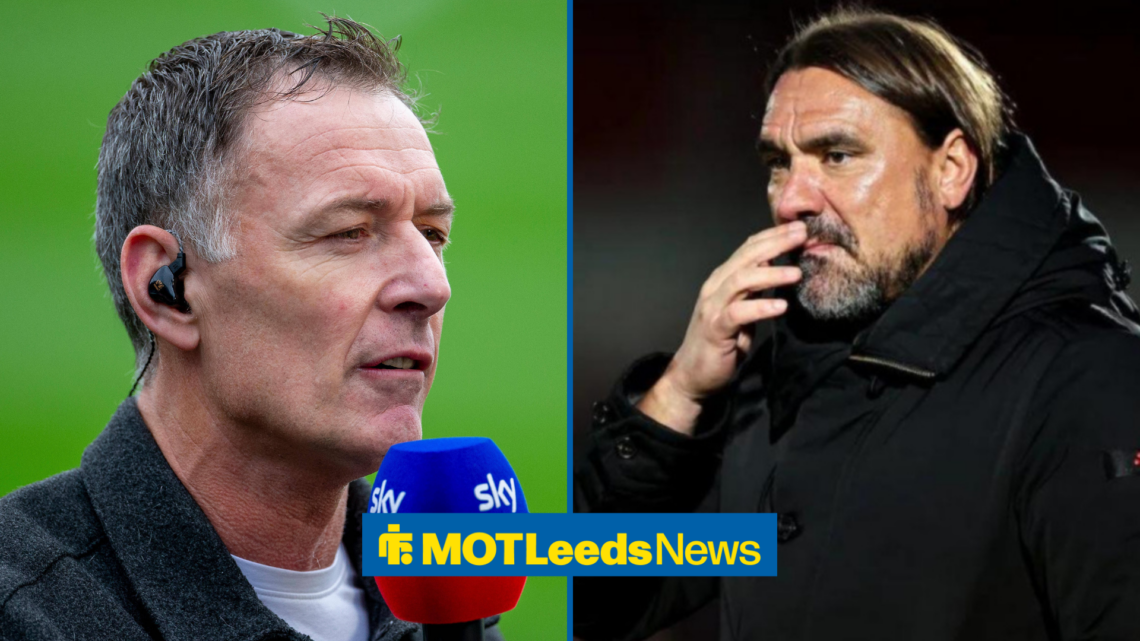 Chris Sutton holding a microphone with Daniel Farke looking concerned