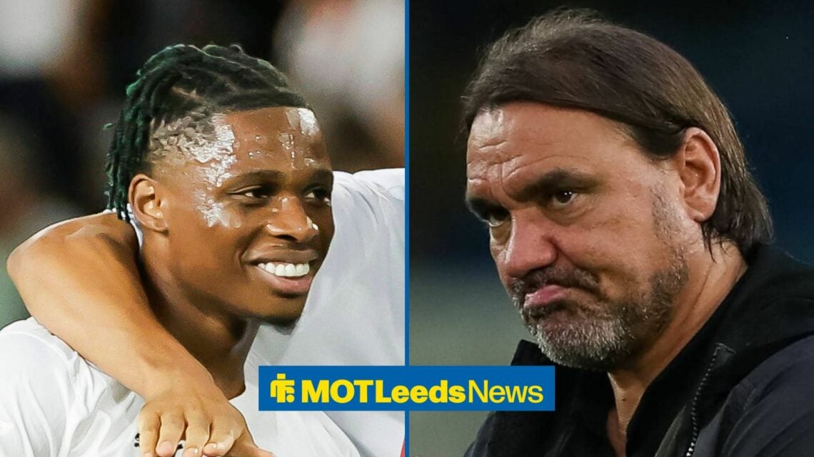 Largie Ramazani smiles and looks at Leeds United manager Daniel Farke.