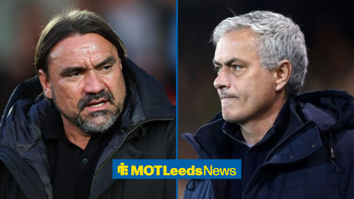 Leeds United manager Daniel Farke looks concerned, with Jose Mourinho positioned alongside him