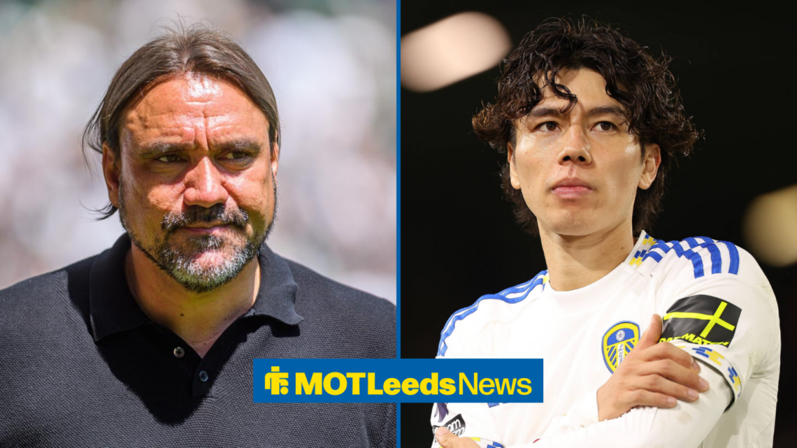Leeds United manager Daniel Farke looking at Ao Tanaka