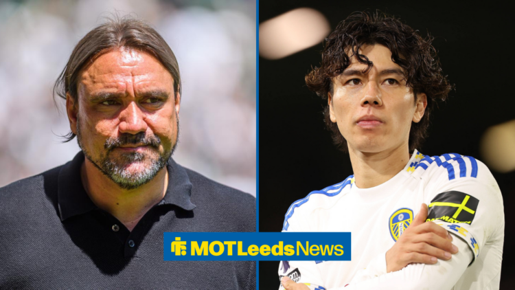 Leeds United manager Daniel Farke looking at Ao Tanaka