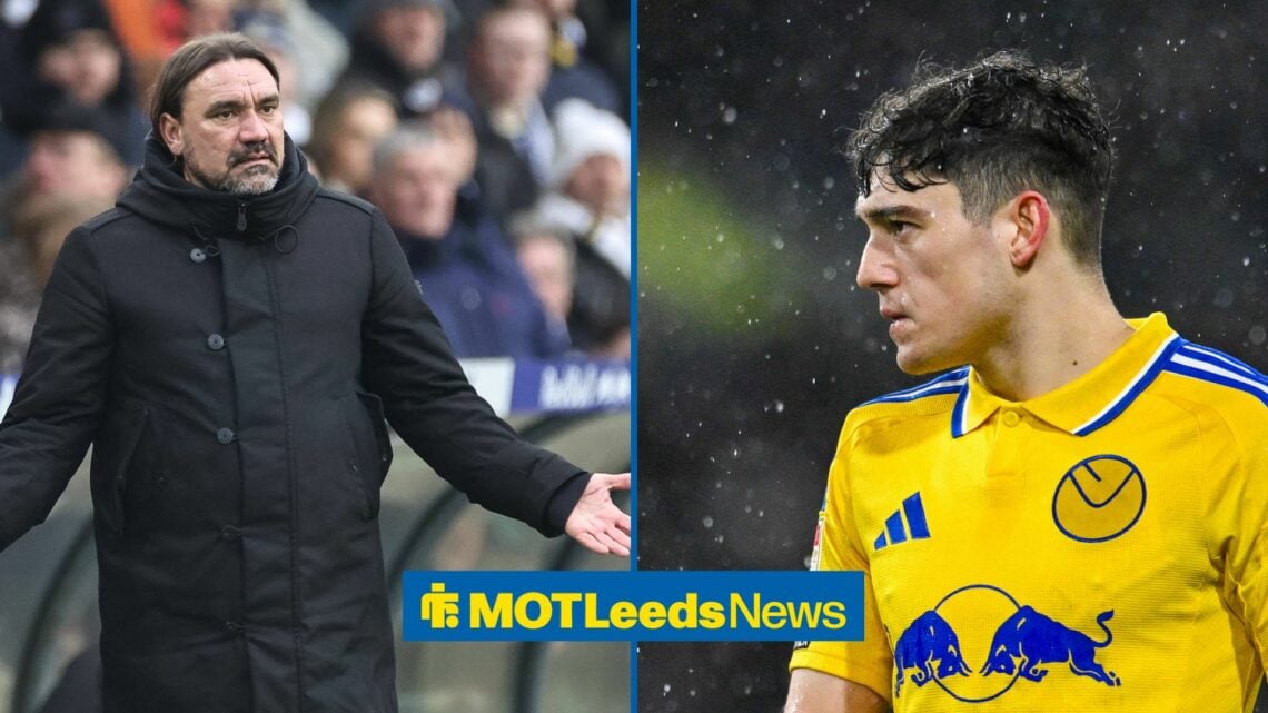 Leeds manager Daniel Farke is bemused in side by side image with Dan James looking sad in the rain