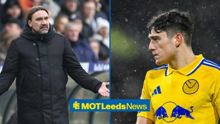 Leeds manager Daniel Farke is bemused in side by side image with Dan James looking sad in the rain