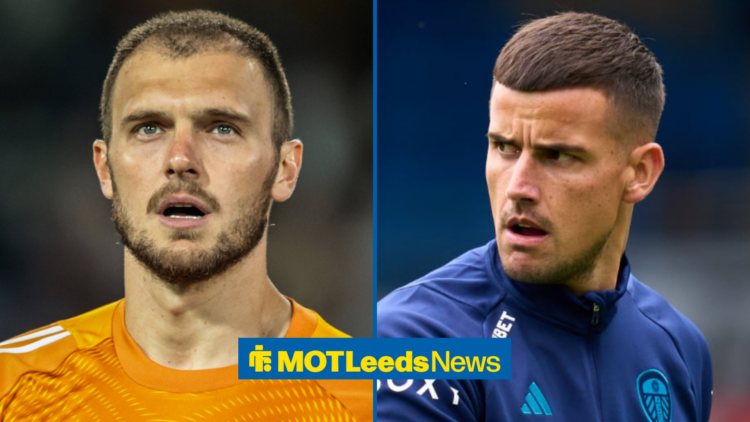 Leeds United goalkeeper Lucas Perri, with Leeds goalkeeper Karl Darlow looking at him.