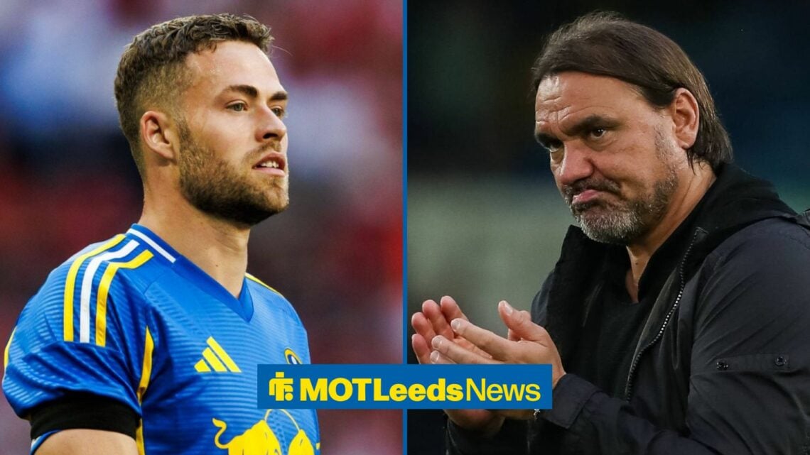 Leeds United defender Gabriel Gudmundsson looks at his manager, Daniel Farke.